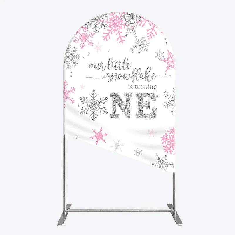 Aperturee - Aperturee Little Snowflake 1st Birthday Arch Backdrop Pink Silver Winter Girl