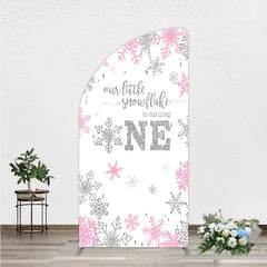 Aperturee - Aperturee Little Snowflake 1st Birthday Half Moon Arch Backdrop Pink Silver Winter Girl