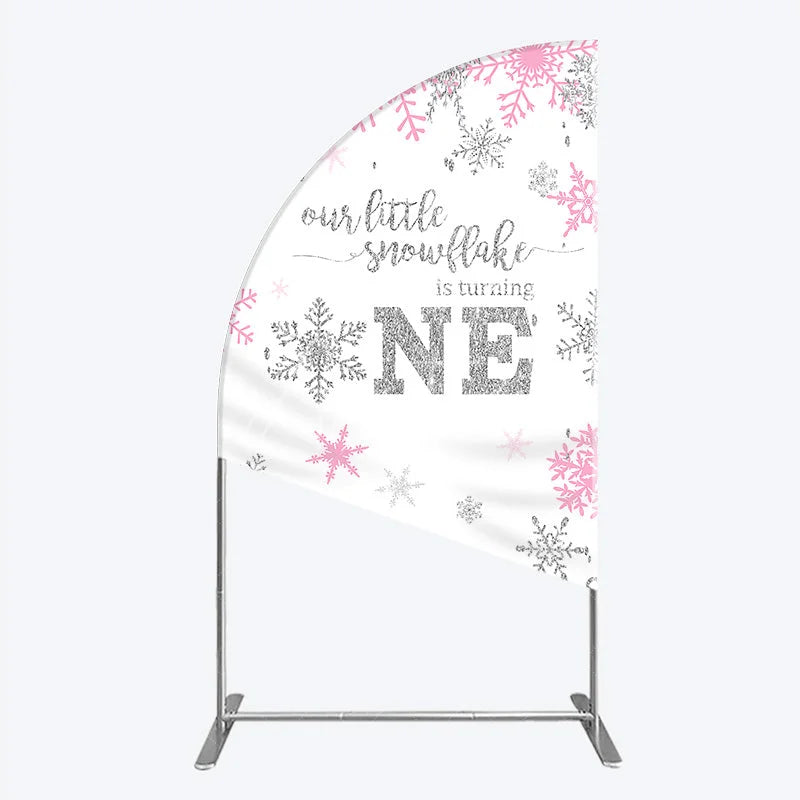 Aperturee - Aperturee Little Snowflake 1st Birthday Half Moon Arch Backdrop Pink Silver Winter Girl