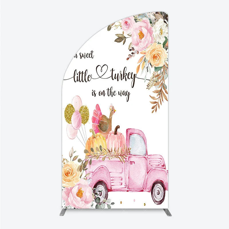 Aperturee - Aperturee Little Turkey Baby Shower Half Moon Arch Backdrop Pink Truck Pumpkin Fall Party Decoration Thanksgiving Floral