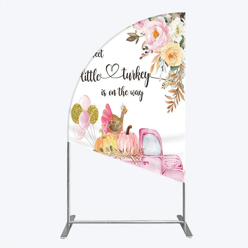 Aperturee - Aperturee Little Turkey Baby Shower Half Moon Arch Backdrop Pink Truck Pumpkin Fall Party Decoration Thanksgiving Floral