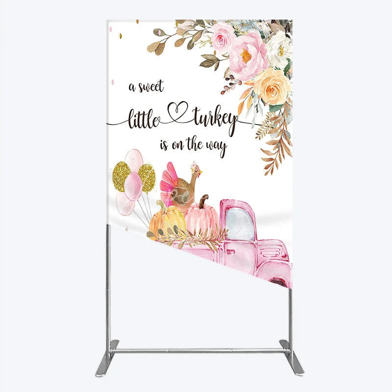 Aperturee - Aperturee Little Turkey Baby Shower Rectangle Backdrop Pink Truck Pumpkin Fall Party Decoration Thanksgiving Floral Background