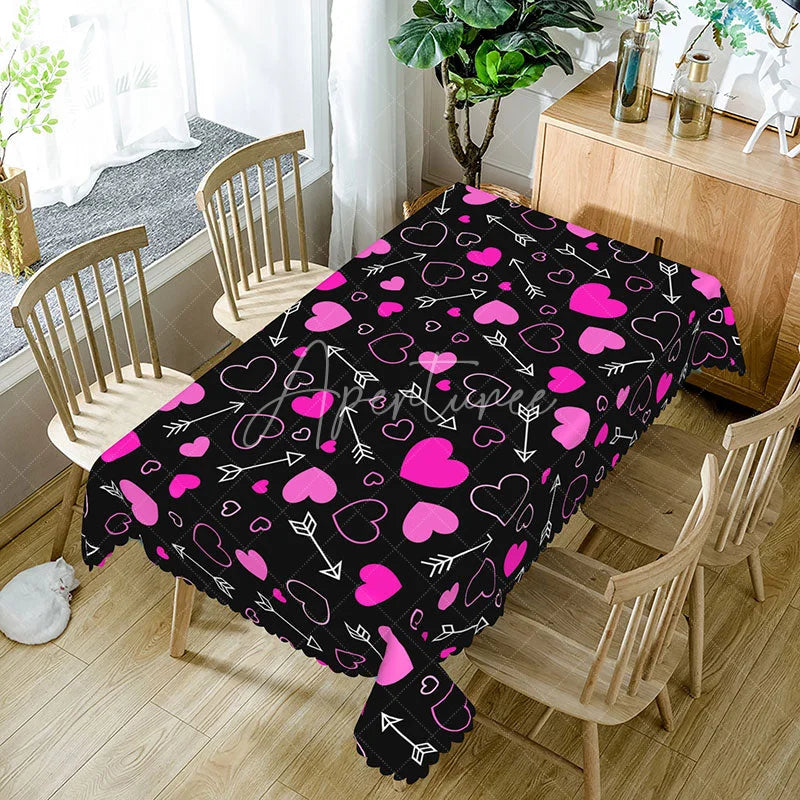 Aperturee - Aperturee Love Heart and Arrow Rectangle Tablecloth Black Background with Pink Hearts Cute Girls Valentine Party Decor