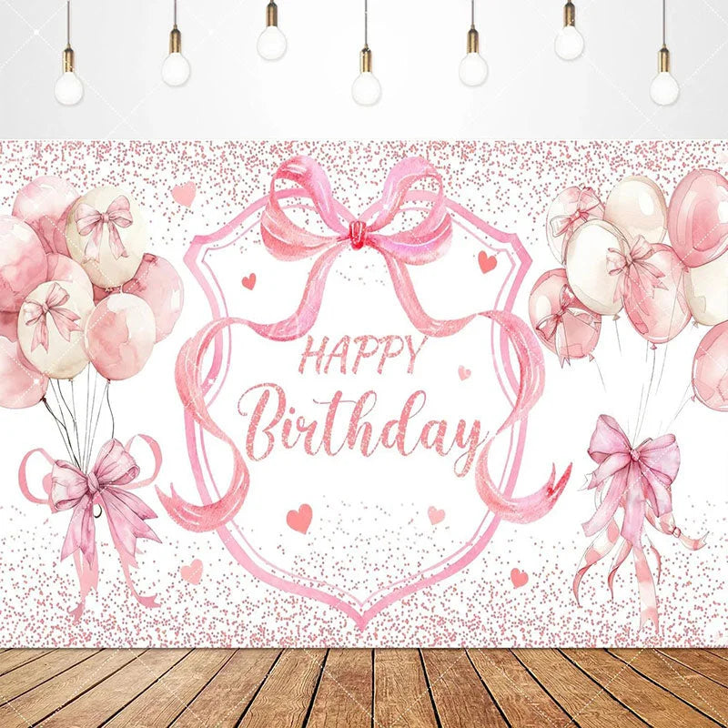 Aperturee - Aperturee Lovely Bows Balloons Happy Birthday Backdrop Charming Pink Decor Perfect for Girls