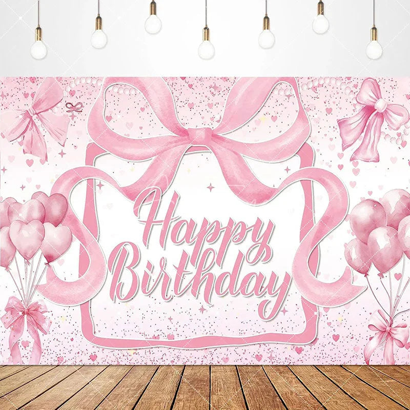 Aperturee - Aperturee Lovely Bows Balloons Happy Birthday Backdrop Charming Pink Decor Perfect for Girls