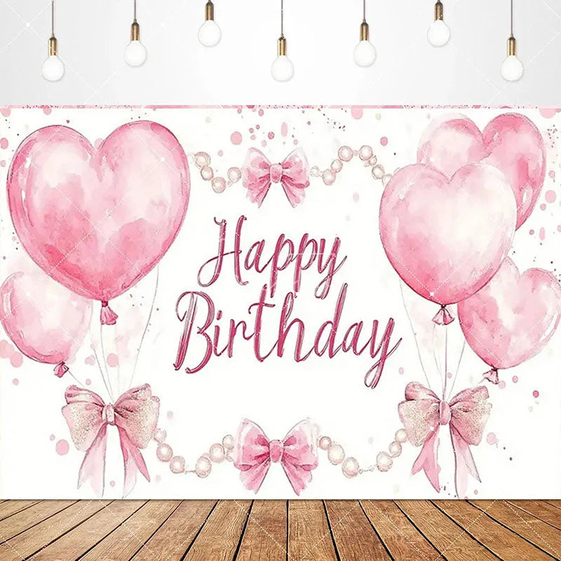 Aperturee - Aperturee Lovely Bows Balloons Happy Birthday Backdrop Charming Pink Decor Perfect for Girls