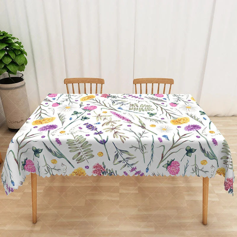 Aperturee - Aperturee Lovely Floral Rectangle Tablecloth with Cute Plant Pattern for Whimsical Garden and Kids Party Decor