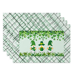 Aperturee - Aperturee Lucky Gnomes Plaid Set of 4 Placemats St. Patricks Day Shamrocks and Green Tartan Dining Table Mats