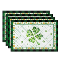 Aperturee - Aperturee Lucky Horseshoe Shamrock Set of 4 Placemats St. Patricks Day Plaid and Clover Dining Table Mats