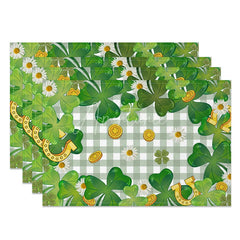 Aperturee - Aperturee Lucky Shamrock and Horseshoe Set of 4 Placemats Green Gingham and Daisy St. Patricks Day Table Mats