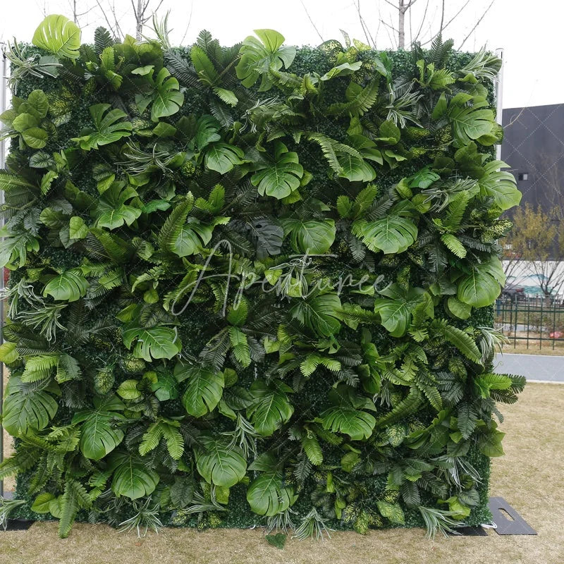 Aperturee - Aperturee Lush Green Artificial Flower Wall with Mixed Tropical Foliage Perfect for Wedding Party and Event Decor