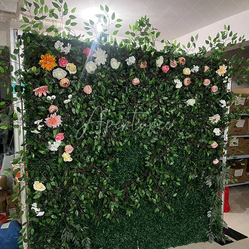 Aperturee - Aperturee Lush Green Artificial Flower Wall with Mixed White Pink Peach Blooms Elegant Wedding Party Event Decor