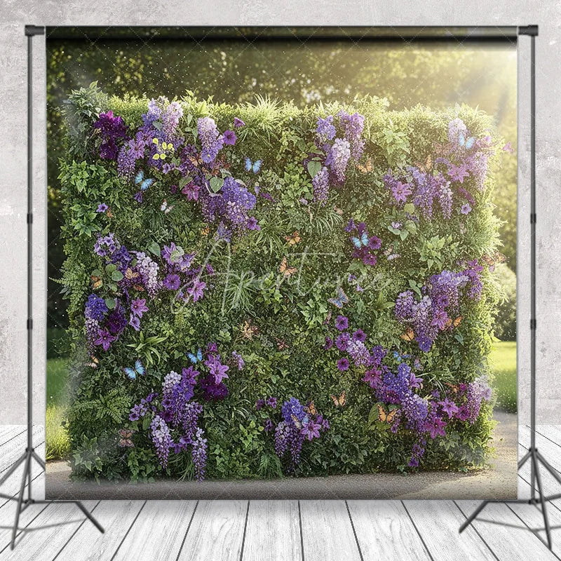 Aperturee - Aperturee Lush Green Foliage and Purple Flowers Photography Backdrop Vibrant Butterflies Garden Party Decor