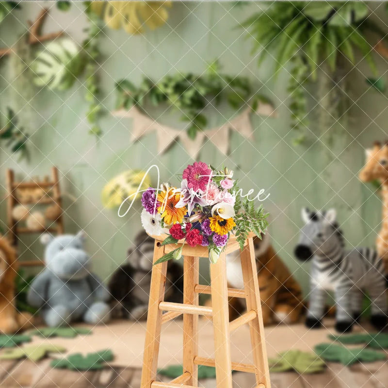 Aperturee - Aperturee Lush Green Jungle Safari Animal Photography Backdrop featuring Lion Tiger Zebra Giraffe Baby Shower Birthday Party.