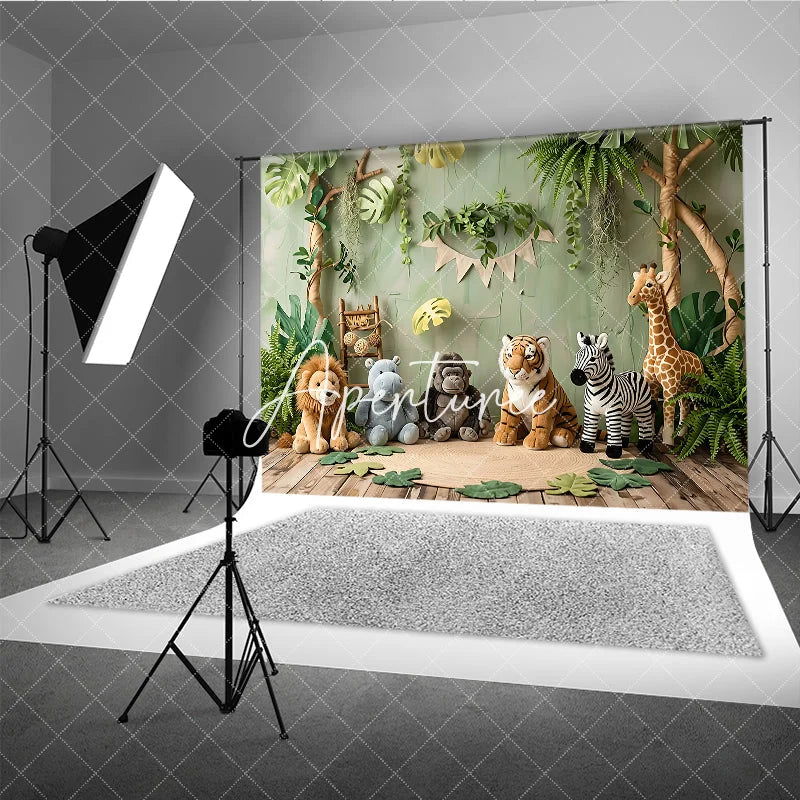 Aperturee - Aperturee Lush Green Jungle Safari Animal Photography Backdrop featuring Lion Tiger Zebra Giraffe Baby Shower Birthday Party.