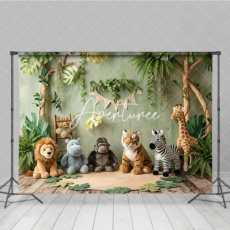 Aperturee - Aperturee Lush Green Jungle Safari Animal Photography Backdrop featuring Lion Tiger Zebra Giraffe Baby Shower Birthday Party.