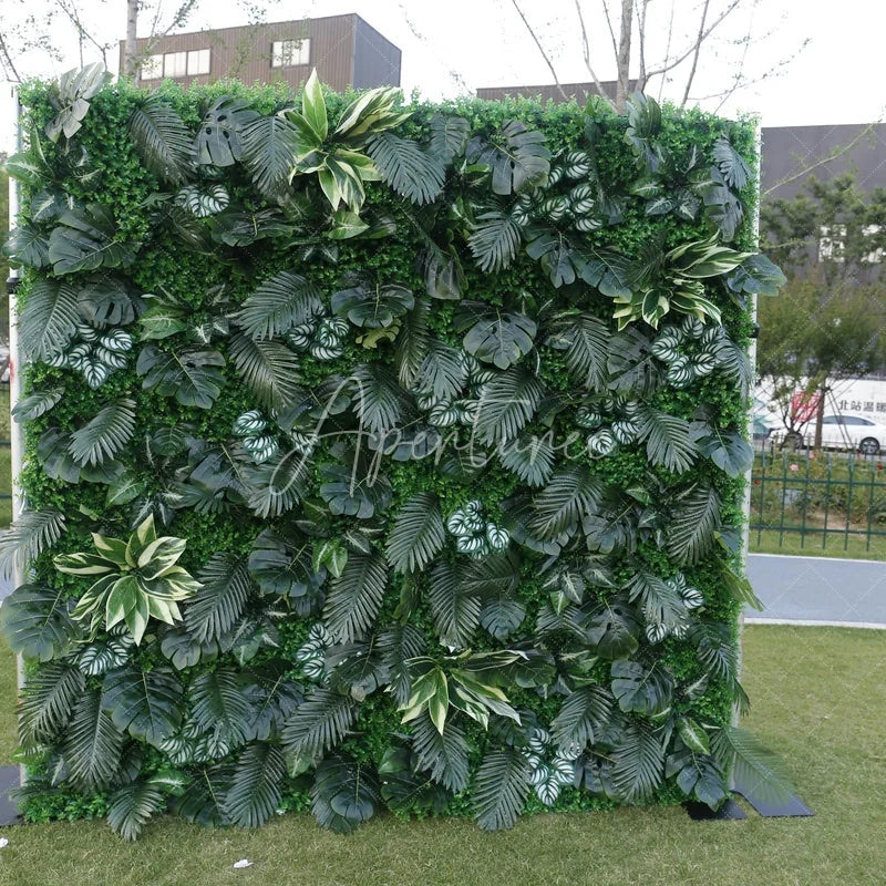 Aperturee - Aperturee Lush Green Tropical Artificial Flower Wall with Diverse Botanical Foliage Event Photo Backdrop Decor