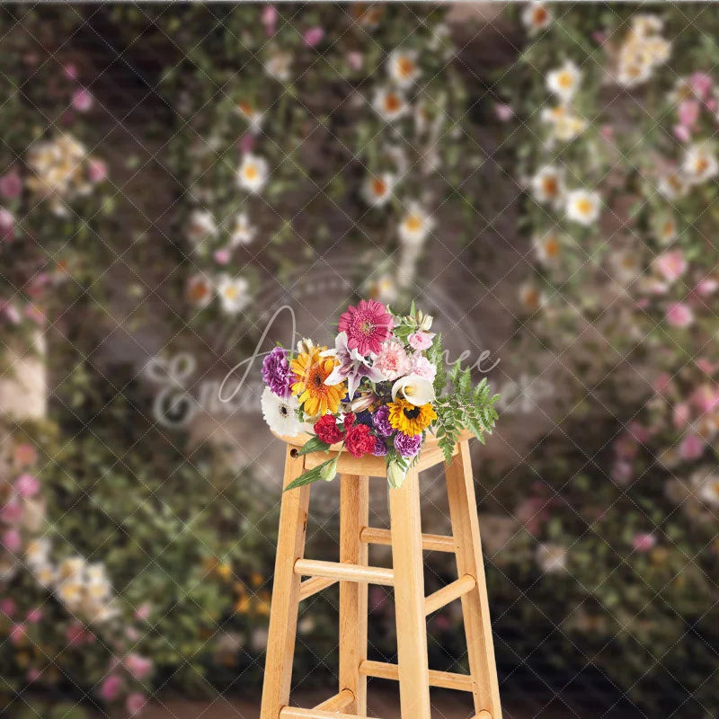 Aperturee - Aperturee Lush Green Vines with White and Pink Flowers Photography Backdrop Rustic Brick Wall Garden Arch Decor
