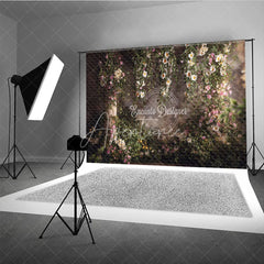 Aperturee - Aperturee Lush Green Vines with White and Pink Flowers Photography Backdrop Rustic Brick Wall Garden Arch Decor