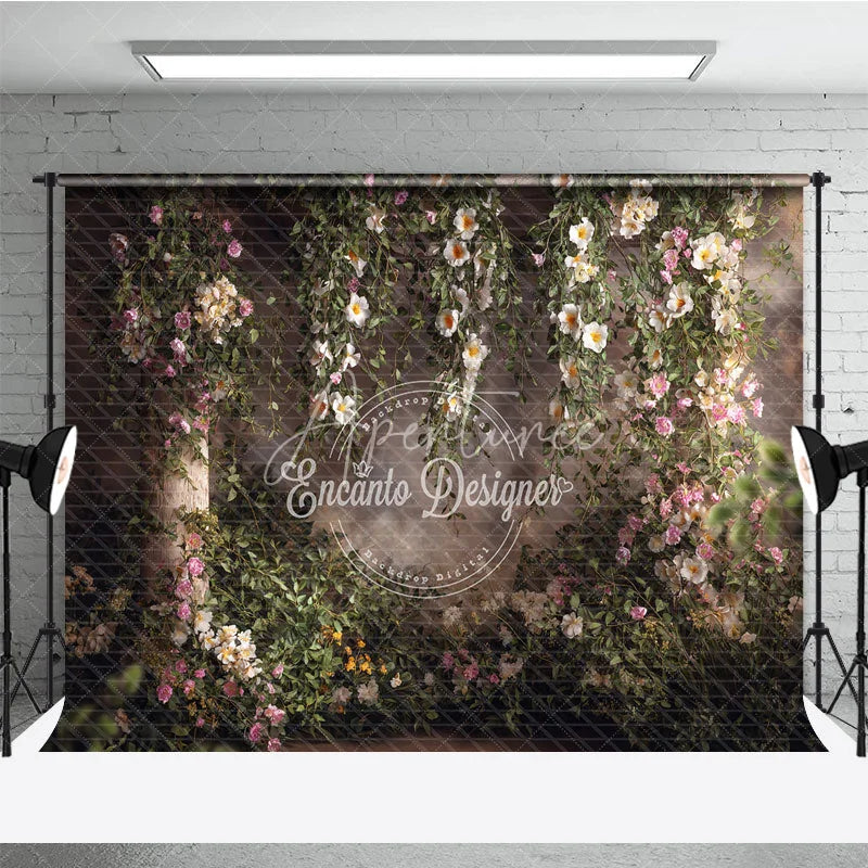 Aperturee - Aperturee Lush Green Vines with White and Pink Flowers Photography Backdrop Rustic Brick Wall Garden Arch Decor