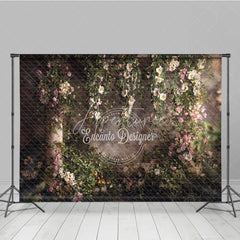 Aperturee - Aperturee Lush Green Vines with White and Pink Flowers Photography Backdrop Rustic Brick Wall Garden Arch Decor