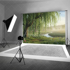 Aperturee - Aperturee Lush Green Willow Tree Photography Backdrop with Floral Swing Serene River and Spring Meadow Scene