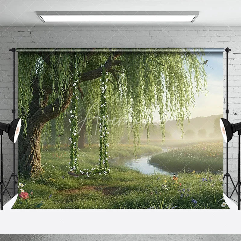 Aperturee - Aperturee Lush Green Willow Tree Photography Backdrop with Floral Swing Serene River and Spring Meadow Scene