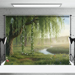 Aperturee - Aperturee Lush Green Willow Tree Photography Backdrop with Floral Swing Serene River and Spring Meadow Scene