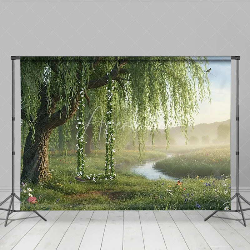 Aperturee - Aperturee Lush Green Willow Tree Photography Backdrop with Floral Swing Serene River and Spring Meadow Scene