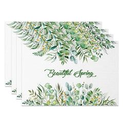 Aperturee - Aperturee Lush Greenery Spring Set of 4 Placemats Green Leaf Border and Beautiful Spring Text Dining Table Mats