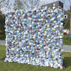 Aperturee - Aperturee Lush Light Blue and White Artificial Flower Wall with Pink Roses and Hydrangeas Elegant Event Decor for Parties