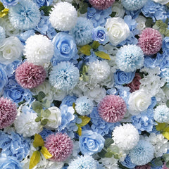 Aperturee - Aperturee Lush Light Blue and White Artificial Flower Wall with Pink Roses and Hydrangeas Elegant Event Decor for Parties