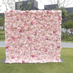 Aperturee - Aperturee Lush Pink and Peach Artificial Flower Wall with Cream Roses Elegant Wedding and Event Party Decor