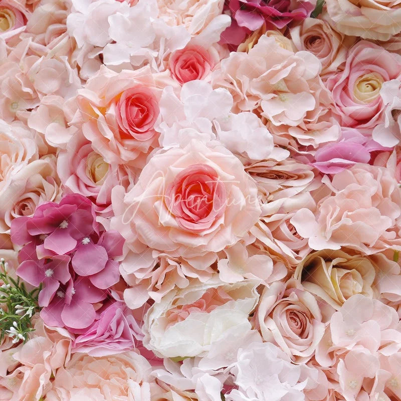 Aperturee - Aperturee Lush Pink and Peach Artificial Flower Wall with Cream Roses Elegant Wedding and Event Party Decor