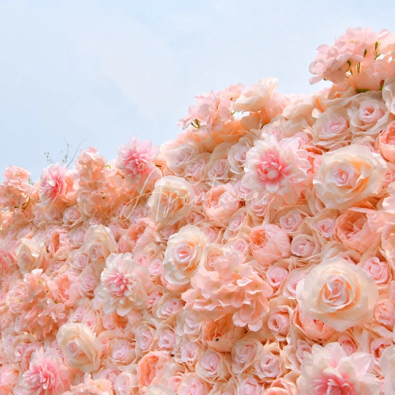 Aperturee - Aperturee Lush Pink and Peach Rose Artificial Flower Wall Elegant Floral Backdrop for Wedding Party and Event Decor