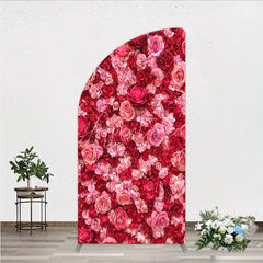 Aperturee - Aperturee Lush Pink and Red Rose Floral Wall Half Moon Arch Backdrop Elegant Wedding and Party Decor