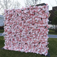 Aperturee - Aperturee Lush Pink and White Rose Artificial Flower Wall Backdrop Elegant Romantic Wedding and Event Party Decor