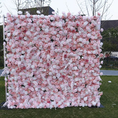 Aperturee - Aperturee Lush Pink and White Rose Artificial Flower Wall Backdrop Elegant Romantic Wedding and Event Party Decor