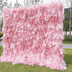 Aperturee - Aperturee Lush Pink Artificial Flower Wall with Bamboo Leaf Design Elegant Wedding and Party Event Decor