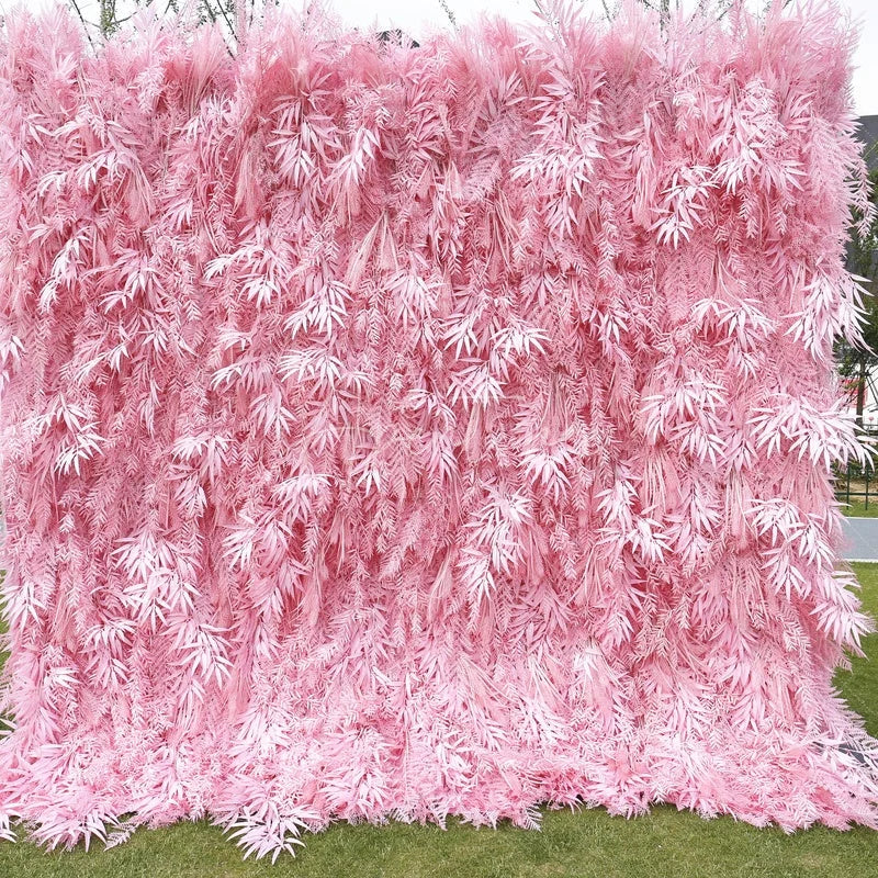 Aperturee - Aperturee Lush Pink Artificial Flower Wall with Bamboo Leaf Design Elegant Wedding and Party Event Decor