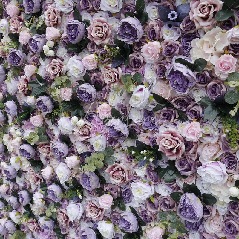 Aperturee - Aperturee Lush Purple White and Pink Rose Artificial Flower Wall Elegant Floral Backdrop for Wedding and Event Decor