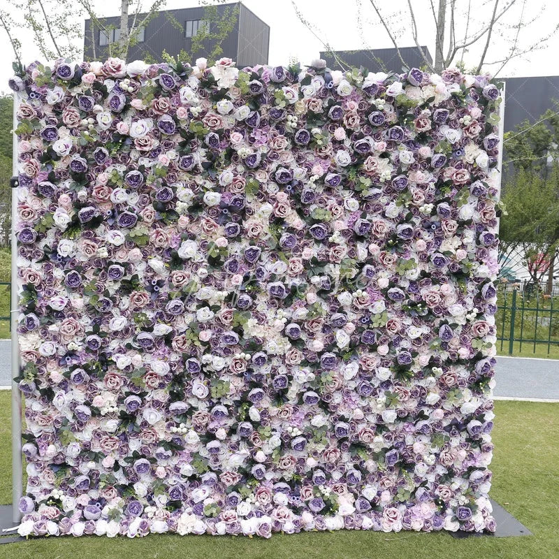 Aperturee - Aperturee Lush Purple White and Pink Rose Artificial Flower Wall Elegant Floral Backdrop for Wedding and Event Decor