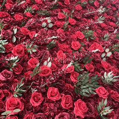 Aperturee - Aperturee Lush Red Rose Artificial Flower Wall with Green Leaves Elegant Romantic Wedding and Party Backdrop Decor