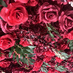 Aperturee - Aperturee Lush Red Rose Artificial Flower Wall with Green Leaves Elegant Romantic Wedding and Party Backdrop Decor
