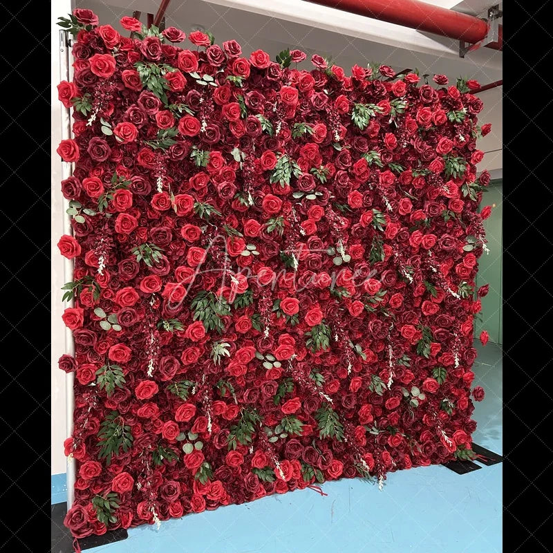 Aperturee - Aperturee Lush Red Rose Artificial Flower Wall with Green Leaves Elegant Romantic Wedding and Party Backdrop Decor