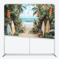 Aperturee - Aperturee Lush Tropical Beach and Ocean Square Double-Sided Backdrop with Vibrant Flowers Palm Trees and Surfboards