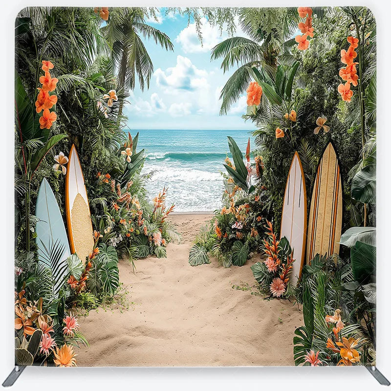 Aperturee - Aperturee Lush Tropical Beach and Ocean Square Double-Sided Backdrop with Vibrant Flowers Palm Trees and Surfboards