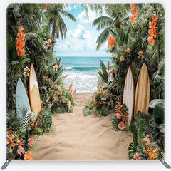 Aperturee - Aperturee Lush Tropical Beach and Ocean Square Double-Sided Backdrop with Vibrant Flowers Palm Trees and Surfboards