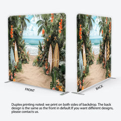Aperturee - Aperturee Lush Tropical Beach and Ocean Square Double-Sided Backdrop with Vibrant Flowers Palm Trees and Surfboards