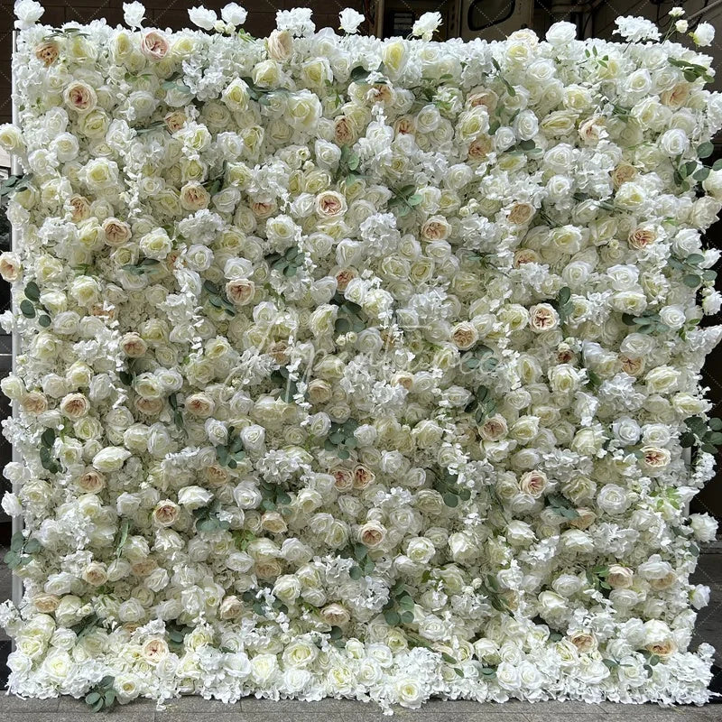 Aperturee - Aperturee Lush White and Cream Rose Artificial Flower Wall Elegant Floral Backdrop for Wedding and Event Decor